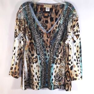 Impulse California 3/4 Sleeve Fun Multicolor Animal Print Top Size LP